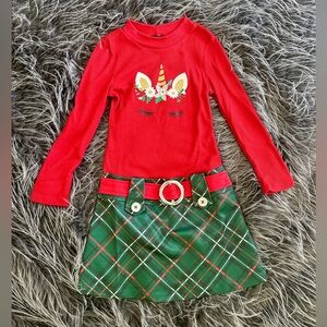 NWOT Red Unicorn Long Sleeve Dress with Green Plaid Skirt